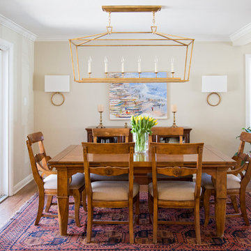 Eclectic Dining Room with Unique Area Rug