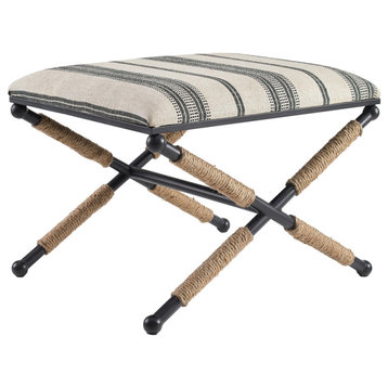 Linon Anna Campaign Accent Stool Metal Legs with Rope Detail in Black Stripe