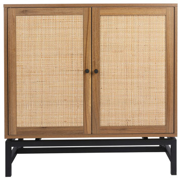 32" Tall Wood 2-door Accent Cabinet with Rattan Door , Beige