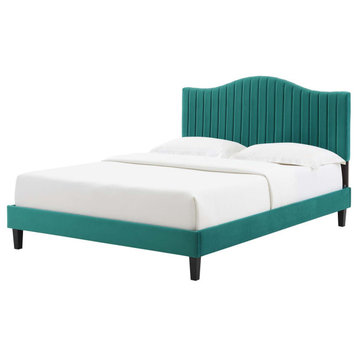Tufted Platform Bed Frame, Twin Size, Velvet, Teal Blue, Modern Contemporary
