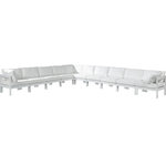Meridian Furniture - Nizuc Water Resistant Patio L-Shaped Modular Sectional, White, 10-Piece: 7 Armless Chair, 3 Corner Chair, White Aluminum Frame - Pick and choose your favorites from the Nizuc collection to create a modular seating group the whole gang will enjoy. The sturdy aluminum frame provides dependable support for friends and family as they relax and unwind, and the resilient white water resistant fabric stands up to the elements without losing its beautiful demeanor, so you can count on it lasting for the long haul. Latches beneath these seating pieces help you easily attach them to one another for convenient setup.