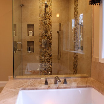 Classic Master Bathroom w/ Glass Mosaic Tile & Diano Royale Marble Countertop