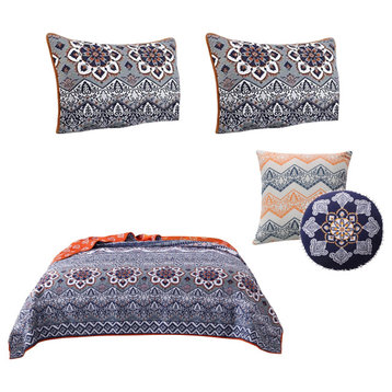 Damask Print Queen Quilt Set With Embroidered Pillows, Blue And Orange
