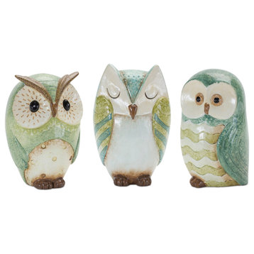 Terra Cotta Owl Figurine, 3-Piece Set