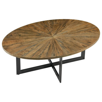 Modern Industrial Coffee Table, Metal Frame With Oval Shaped Top, Rustic Brown