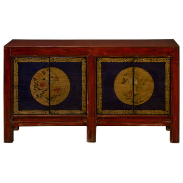 Hand Painted Flower Motif Distressed Red Yellow Blue Chinese Elmwood Sideboard