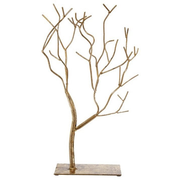 Leafless Branched Iron Tree Accent With Rectangular Base, Gold