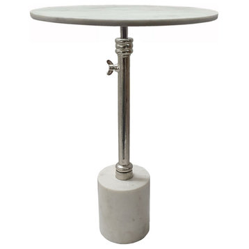 Benzara BM285098 24" Side Table Aluminum Frame Marble Top Pedestal Base, White