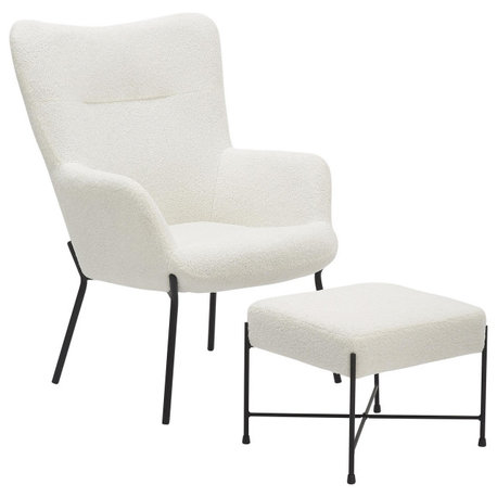 Izzy Lounge Chair + Ottoman Set, Black Metal, White Sherpa