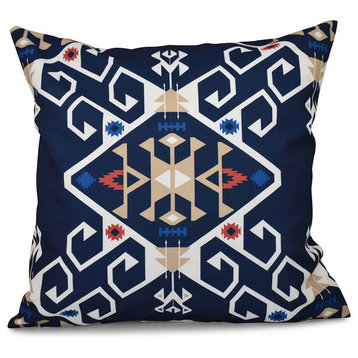 Jodhpur Medallion, Geometric Outdoor Pillow, Navy Blue, 18"x18"