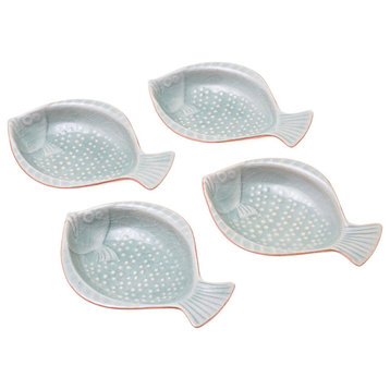 NOVICA Spotted Swimmers And Ceramic Appetizer Dishes  (Set Of 4)