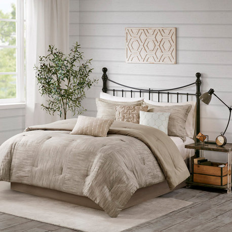 Madison Park Walter 7 Piece Printed Seersucker Comforter Set, Taupe