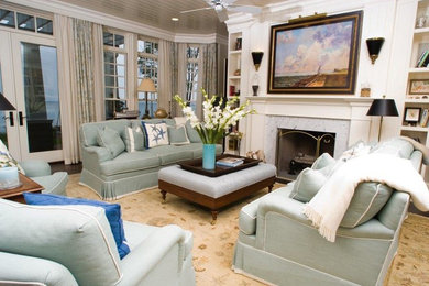 Inspiration for a mid-sized timeless formal and enclosed dark wood floor living room remodel in Grand Rapids with white walls, a standard fireplace, a stone fireplace and no tv