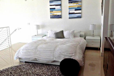 Inspiration for a large modern master marble floor bedroom remodel in Miami with white walls