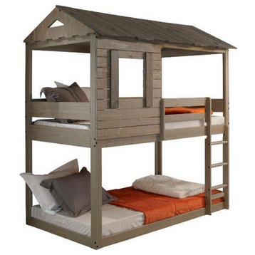 Benzara BM235365 Twin Size Wooden Bunk Bed With House Design, Brown