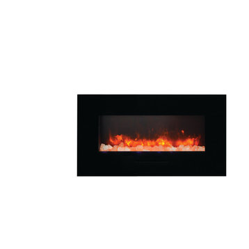 34" Flush Mount fireplace with Black Glass Surround, Log set