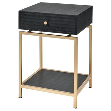 Industrial 1-Drawer Faux Shagreen Wrap and Metal Accent Table in Gold Finish