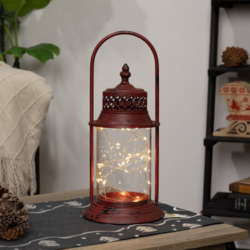 Antique Metal & Glass Lantern with Warm LED Lights, Red