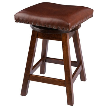 Swivel Bar Stool, Maple Wood With Leather Seat, Rich Tobacco, Bar Height