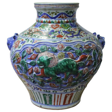 Handmade Ceramic Multi Color Dimensional Foo Dog Vase Jar Hcs4250