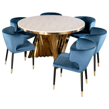 7-Piece Waterfall Dining Set, Blue Chairs