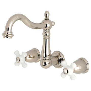 Wall Mounted Widespread Bathroom Faucet, Crossed White Handles, Polished Nickel