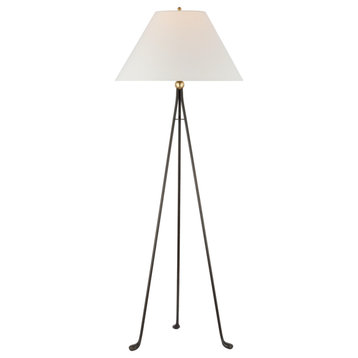 Valley Medium Tripod Floor Lamp in Aged Iron and Gild with Linen Shade