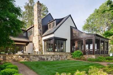 Mid-sized transitional multicolored two-story mixed siding exterior home photo in Charlotte with a shingle roof