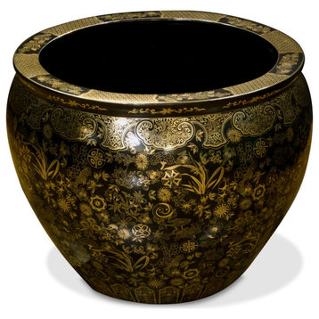 22.5 Inch Black and Gold Floral Design Chinese Fishbowl Planter