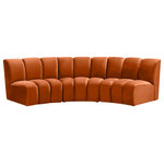 Meridian Furniture - Infinity Channel Tufted Velvet Modular Chair, Cognac, 3 Piece - Create a seating group that works for every possible situation with this Infinity modular sofa and other pieces in the Infinity collection. Upholstered in soft cognac velvet material that feels great against the skin and offers long-wearing beauty, this piece fits with other Infinity items for an infinite number of combinations that get your seating requirements just right but that look just as nice when used on their own.