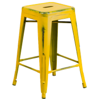 24" High Backless Distressed Yellow Metal Indoor-Outdoor Counter Height Stool