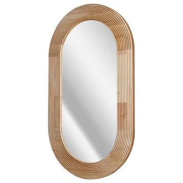 Contemporary Wall Mirror, Oval Shaped Design With Ribbed Wooden Frame, Off White