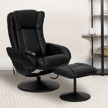 Contemporary Recliner Chair, Massage Function With Faux Leather Seat and Ottoman