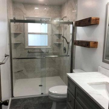 Silver White Marble shower w/ Roman Block Simulated Tile