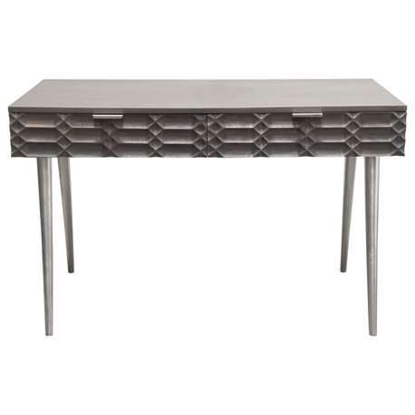 Petra Solid Mango Wood 2-Drawer Writing Desk, Smoke Gray Finish With Nickel Legs