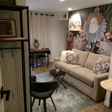 Basement living room with kitchenette
