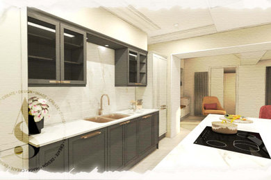 Foto de cocinas en L moderna de tamaño medio abierta con armarios estilo shaker, puertas de armario negras, encimera de granito, una isla y encimeras blancas