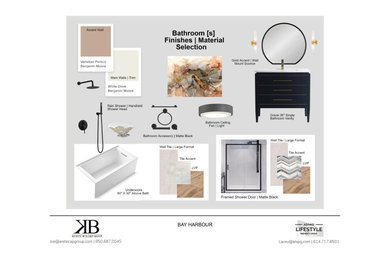 Inspiration for a mid-sized transitional multicolored tile and ceramic tile vinyl floor, brown floor and single-sink bathroom remodel in Miami with flat-panel cabinets, black cabinets, a two-piece toilet, white walls, an undermount sink, quartzite countertops, a hinged shower door, white countertops and a freestanding vanity