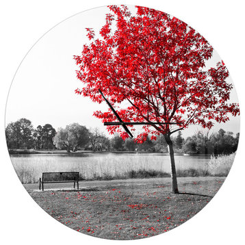 Red Tree Over Park Bench Oversized Floral Metal Clock, 36x36