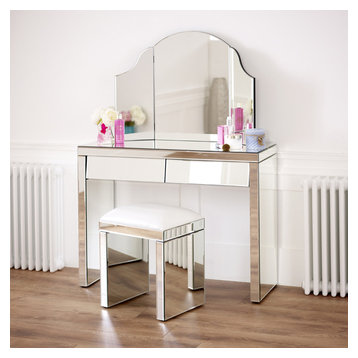 50s Style Angled 2 Drawer Dressing Table Set with Black Stool