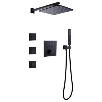 Luxury Thermostatic Complete Shower System With Rough-in Valve, Matte Black