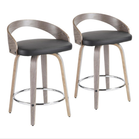 Grotto Counter Stool, Set of 2, Light Gray Wood/Black PU/Chrome