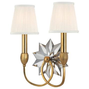 Barton, Two Light Wall Sconce, Aged Brass Finish, White Pleated Silk Shade