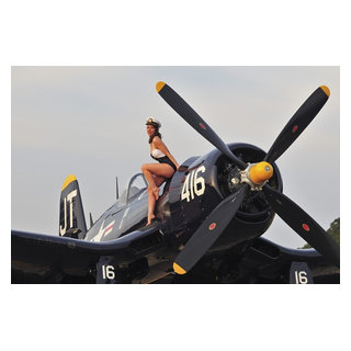 1940's Style Navy Pin-Up Girl Sitting On A Vintage Corsair Fighter ...