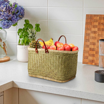 Serene Spaces Living Small Handmade Straw Tote Paired with Leather Handles, Raff