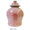Chinese Coral Red Pink White Floral Double Happiness Graphic Temple Jar cs1447