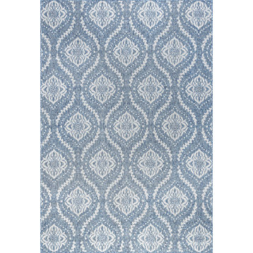 Dionne Transitional Damask Blue/Cream Rectangle Indoor/Outdoor Area Rug, 8'x10'