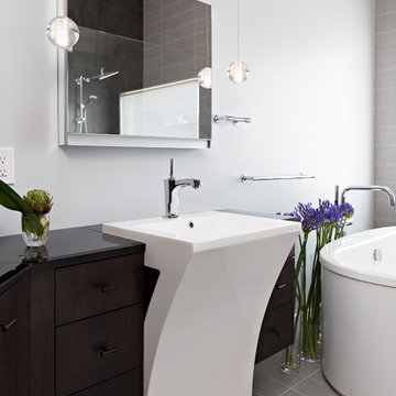 Open Contemporary Bath with Walnut Vanity and Hidden Storage