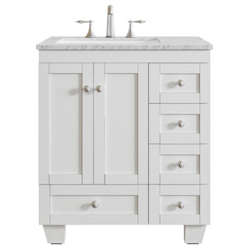 Eviva Acclaim 28" Transitional Bathroom Vanity w/ White Carrara Top, White