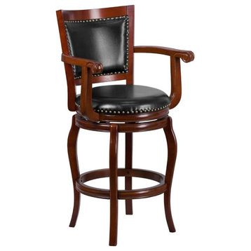 Contemporary Bar Stool, Cherry Finished Frame & Swivel Black LeatherSoft Seat